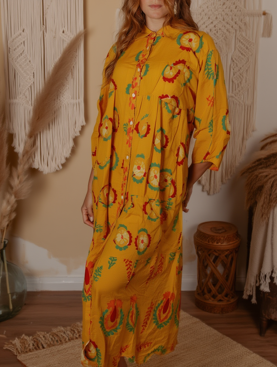 Lang Skjortekjole Floral Orange