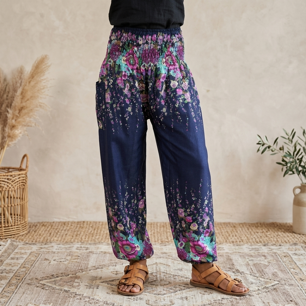 Thai Haremsbukser High-Cut Floral Blue