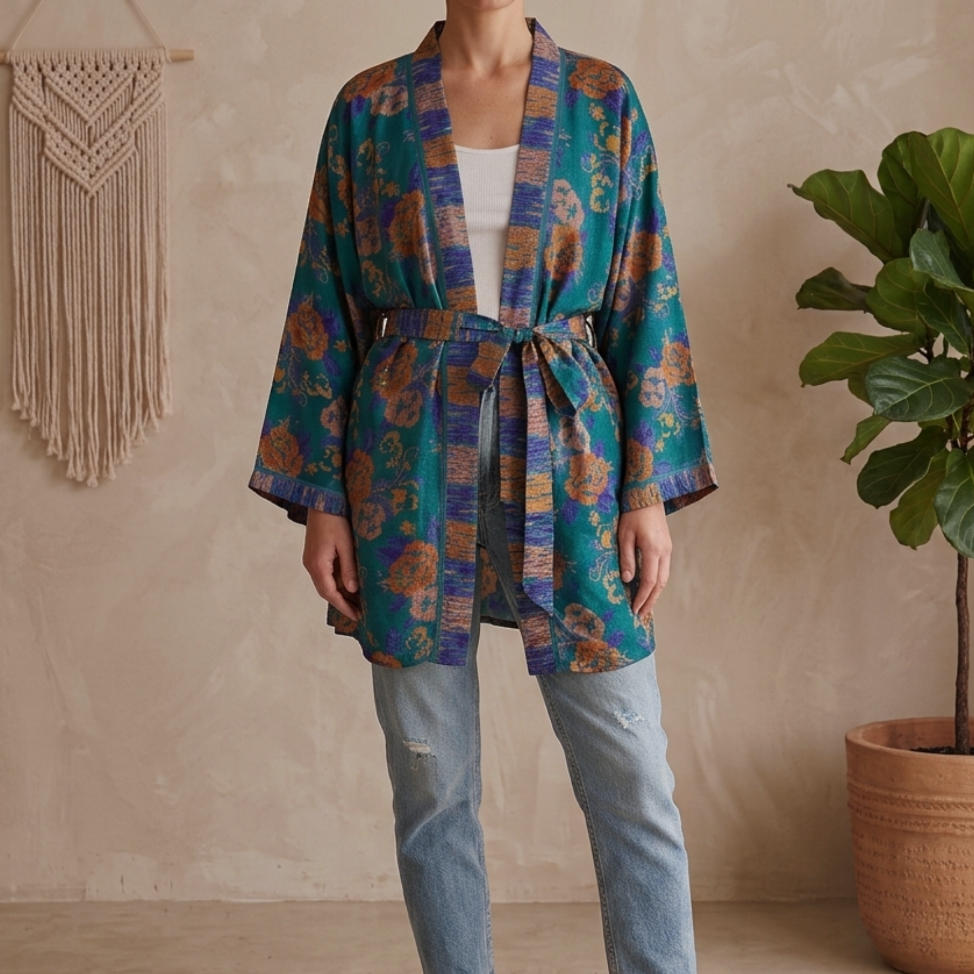 Avani Kimono Turquoise Flowers